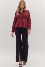 Long Sleeve Peplum Top - Burgundy