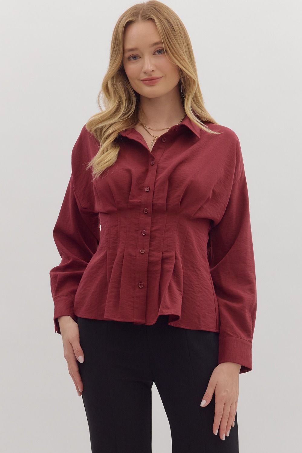 Long Sleeve Peplum Top - Burgundy
