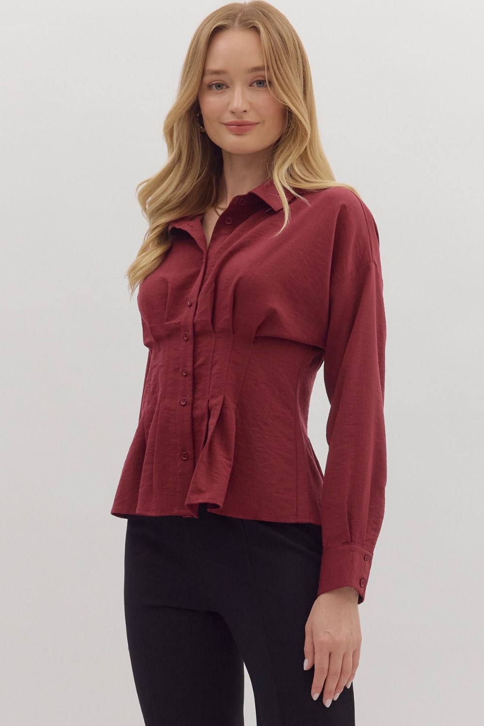 Long Sleeve Peplum Top - Burgundy