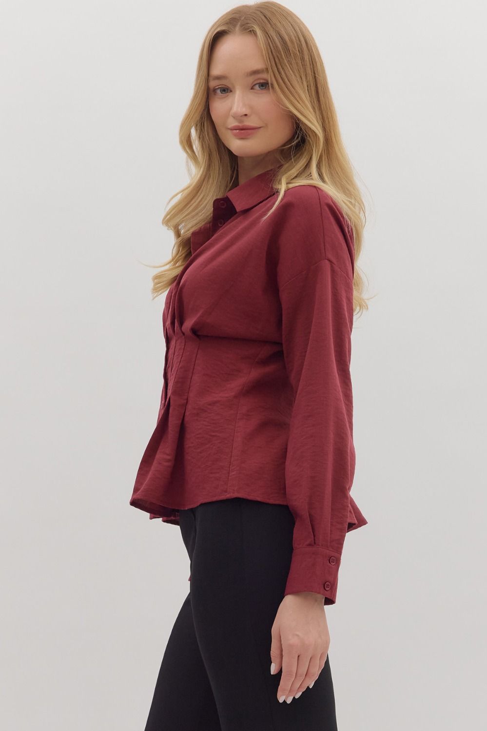 Long Sleeve Peplum Top - Burgundy