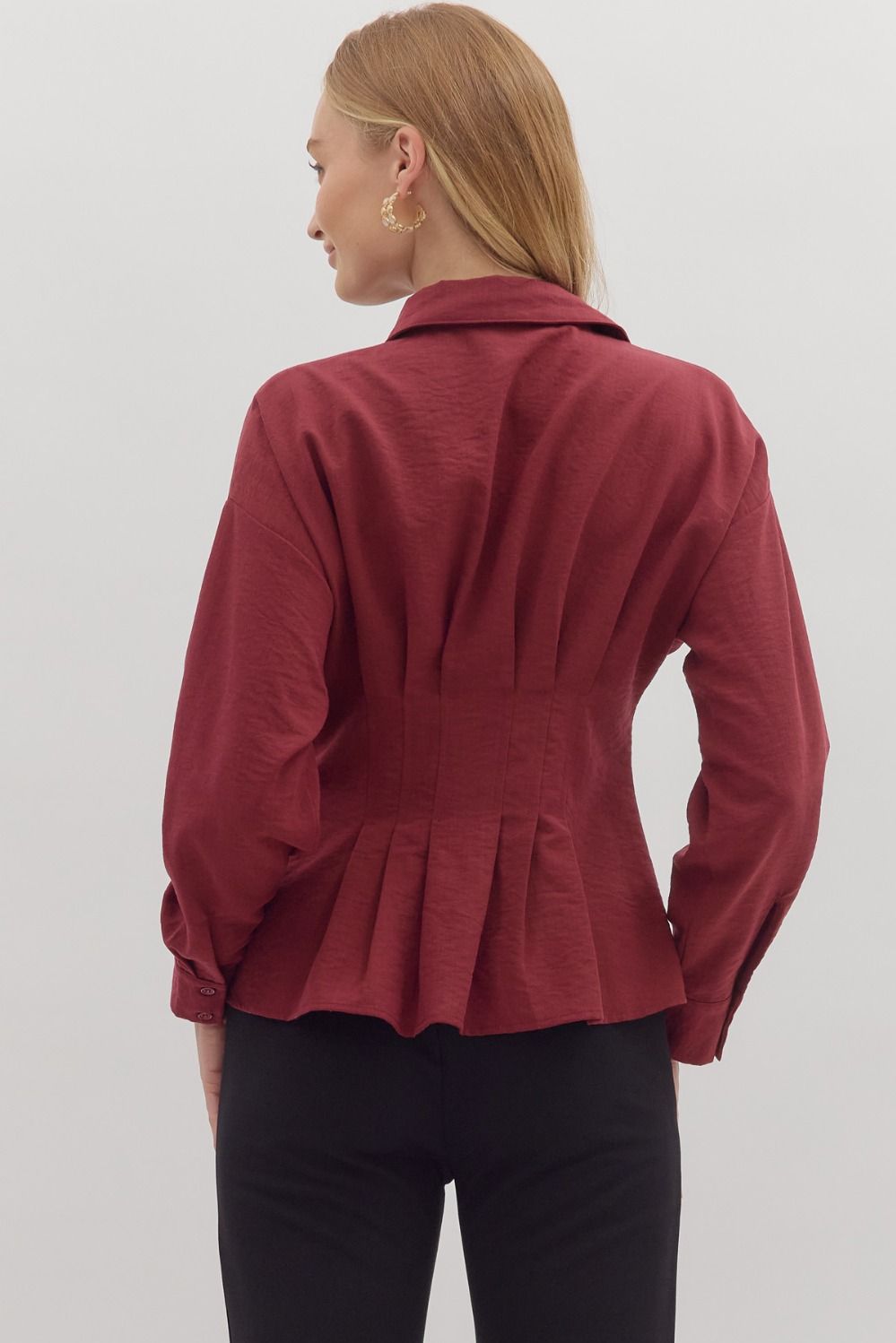 Long Sleeve Peplum Top - Burgundy