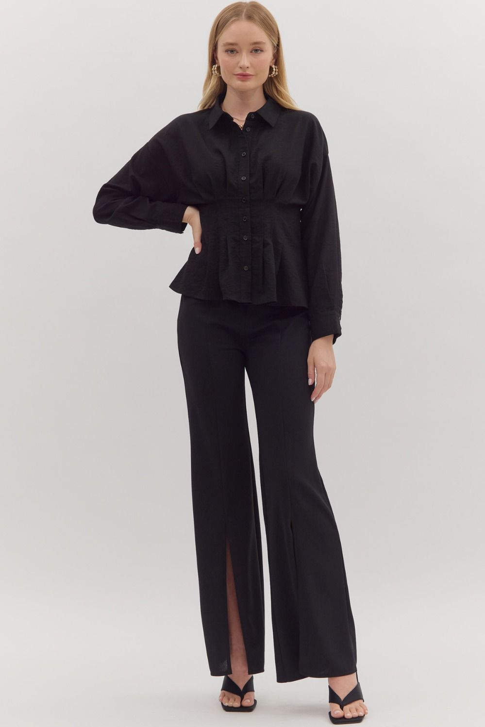 Long Sleeve Peplum Top - Black