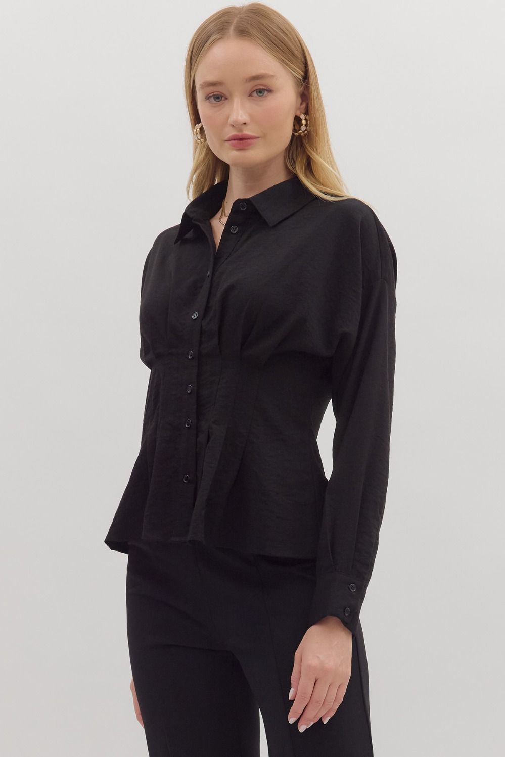 Long Sleeve Peplum Top - Black