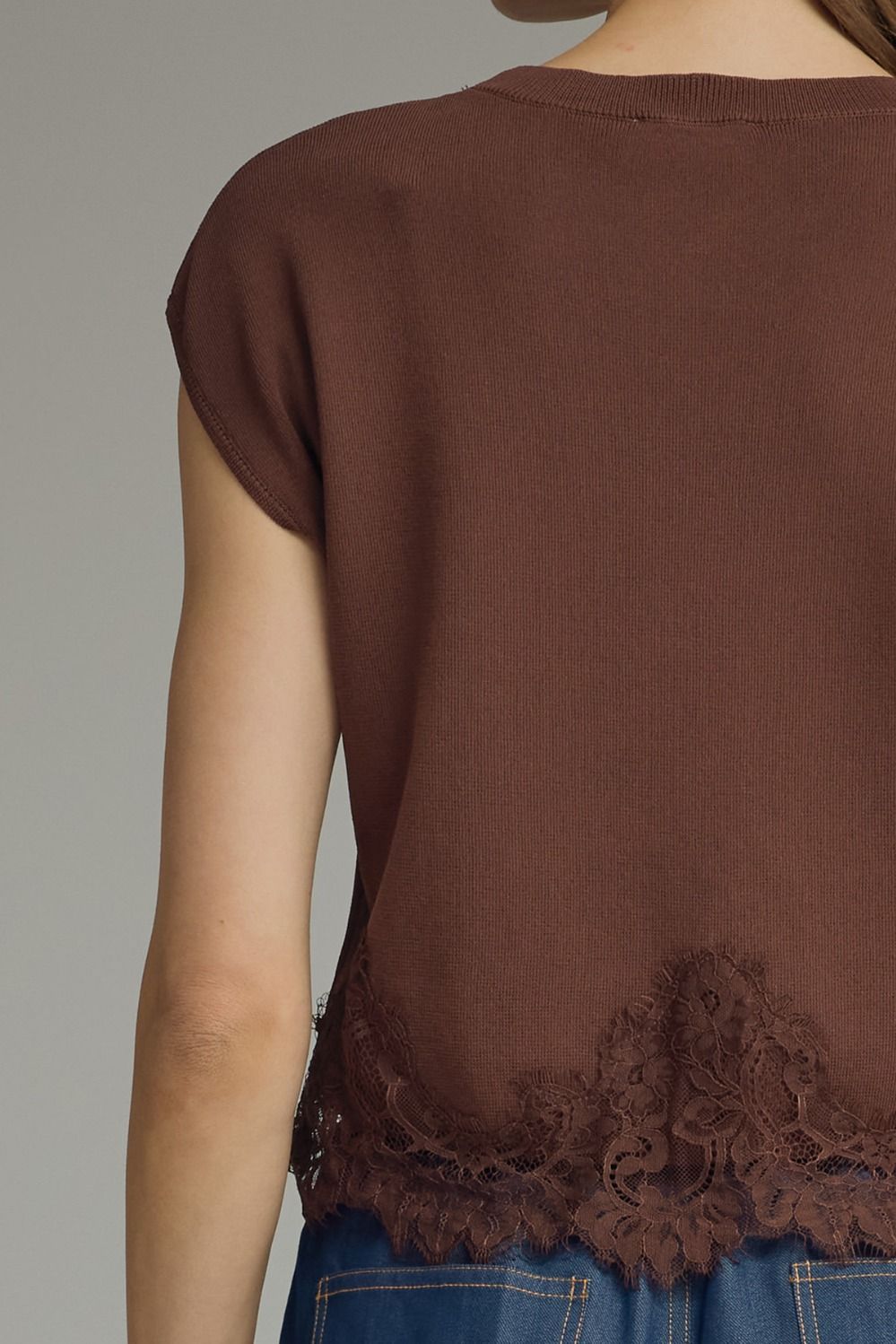 Lace Trim Cap Sleeve Sweater Top - Brown