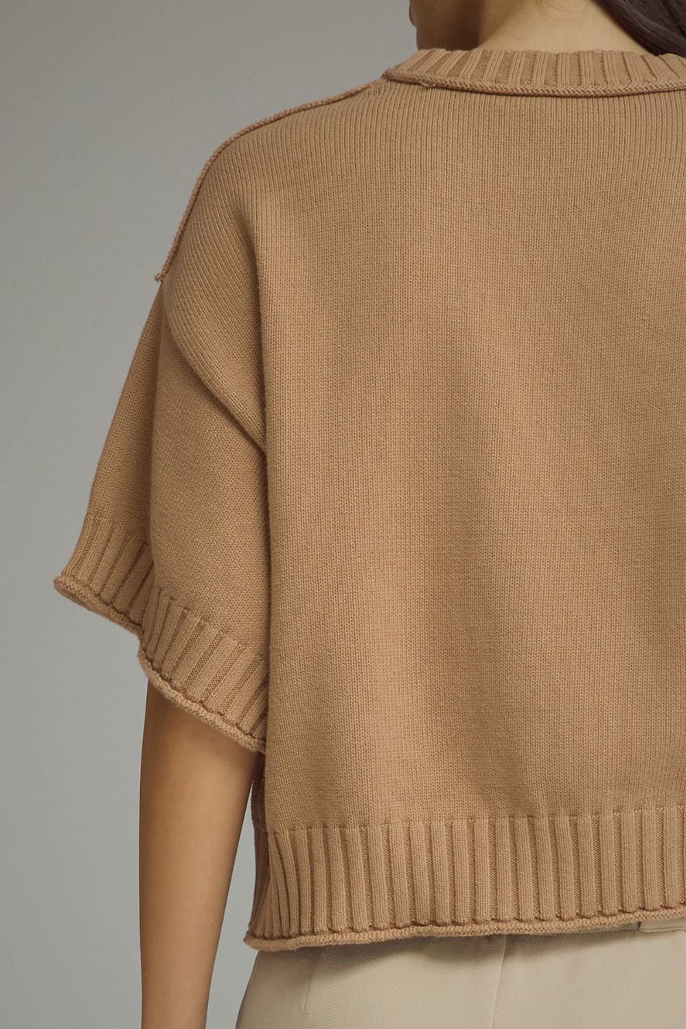 Solid Short Sleeve Sweater with Ribbed Trim - Camel