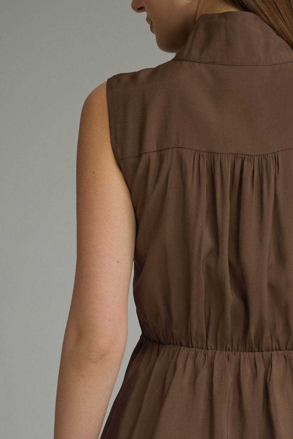 High Neck Front Tie Top - Brown