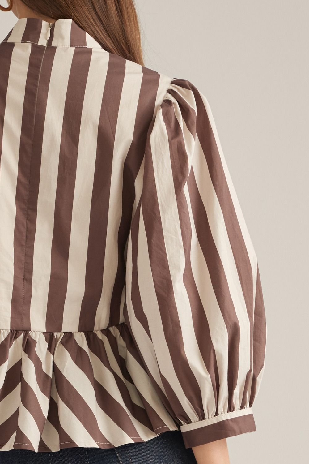 Stripe 3/4 Balloon Sleeve Top - Brown/Ecru