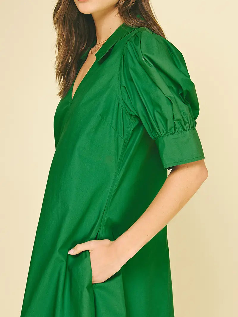 V-Neck Pleated A-Line Dress - Grass Green
