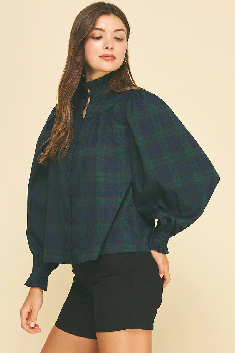 Plaid Ruffled Mock Neck Shirt - Navy/Green