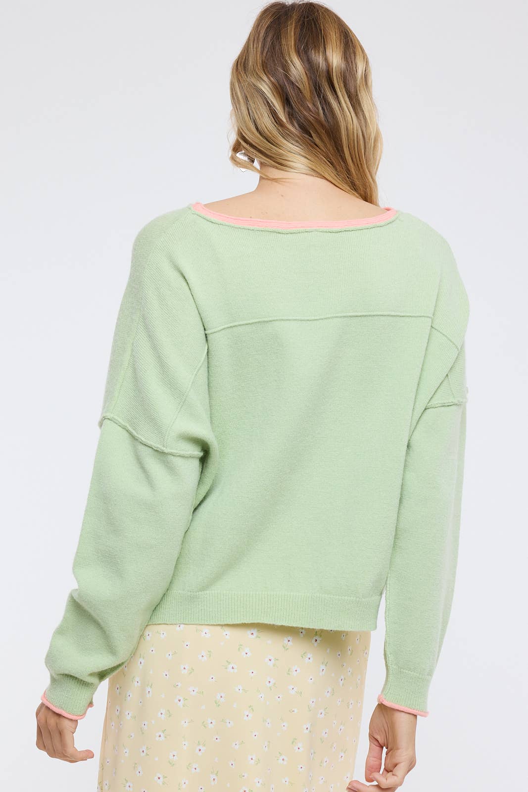 Brushed Contrast Boat Neck Sweater - Matcha/Melon