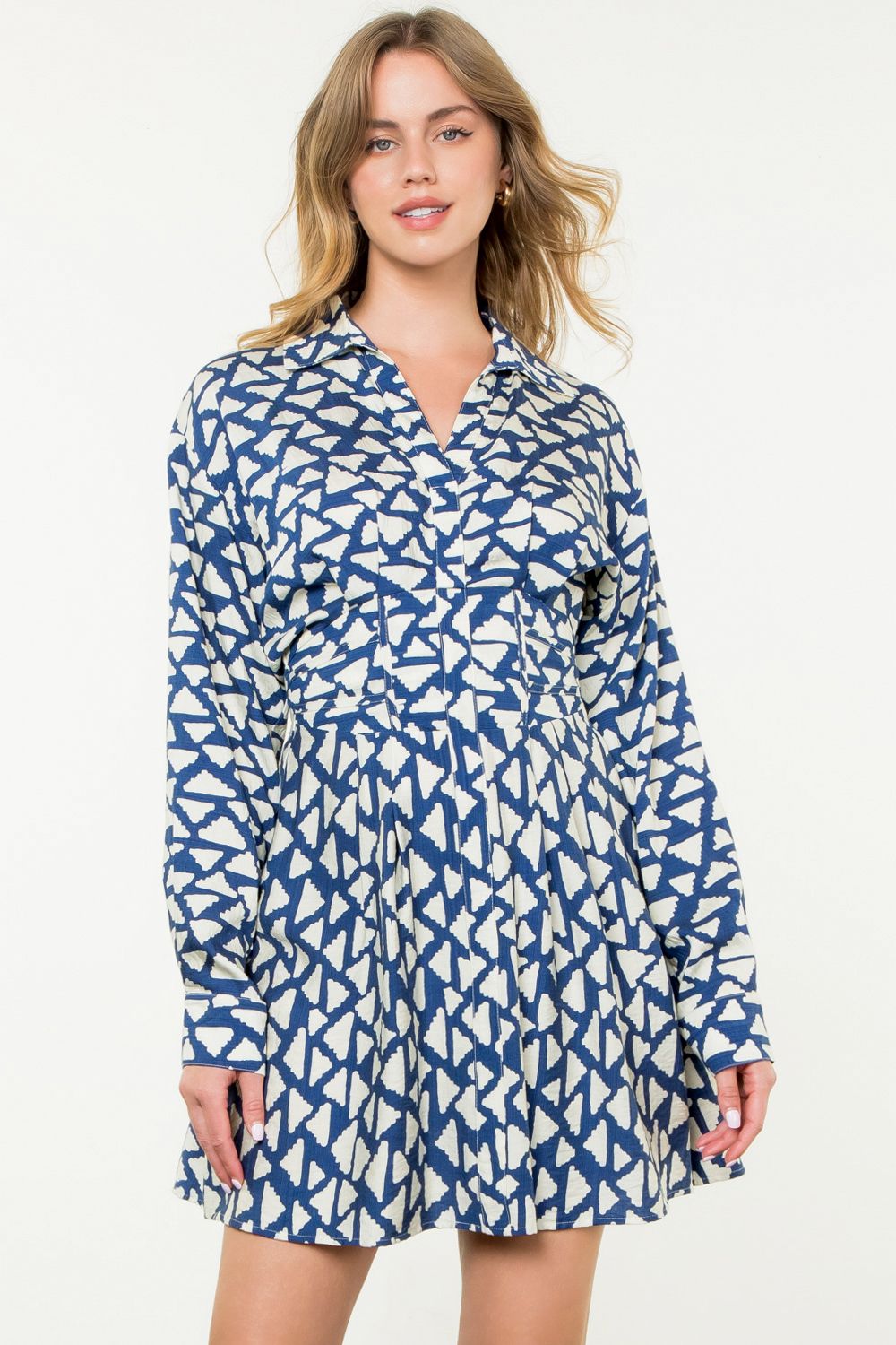 Long Sleeve Print Dress - Navy