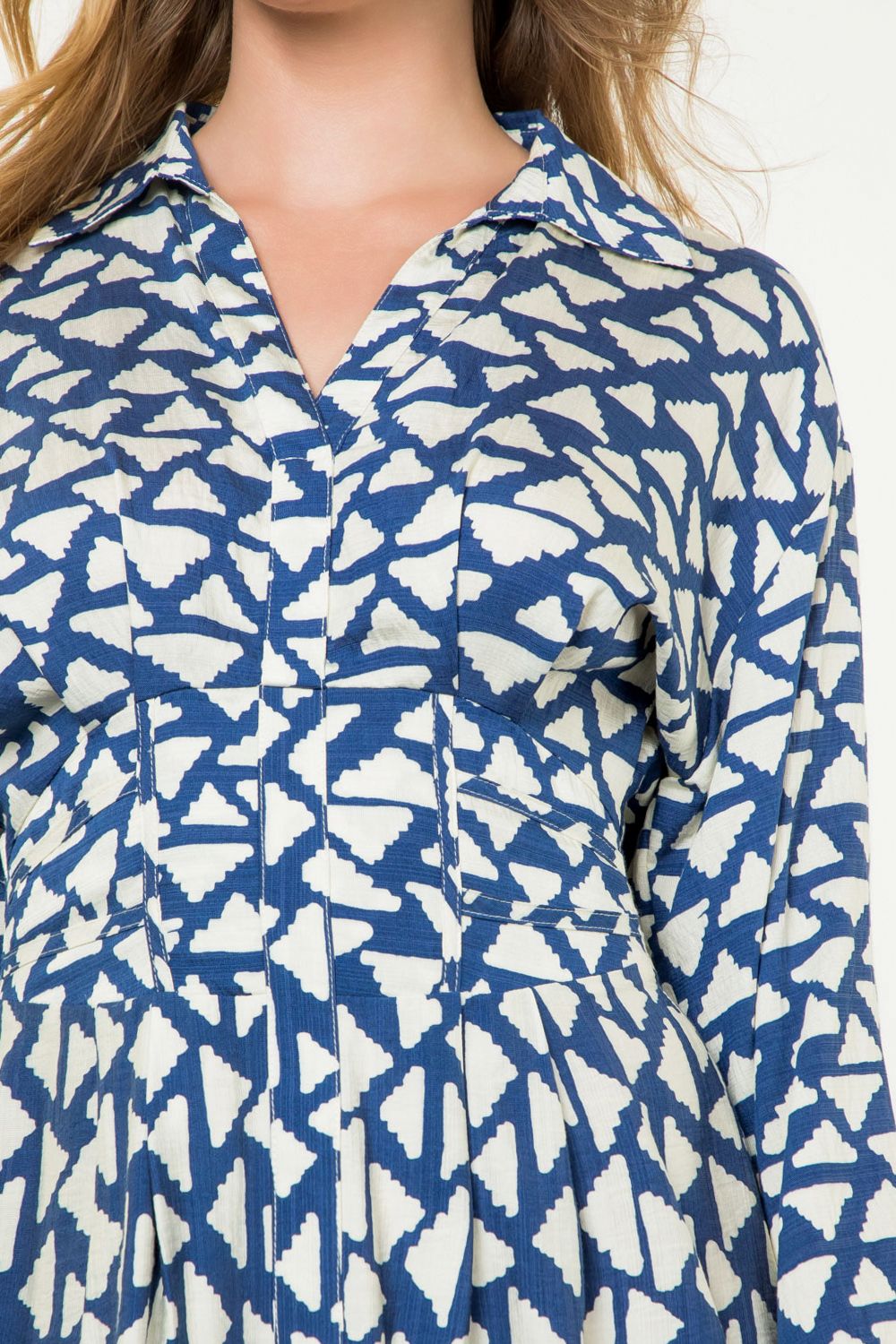 Long Sleeve Print Dress - Navy