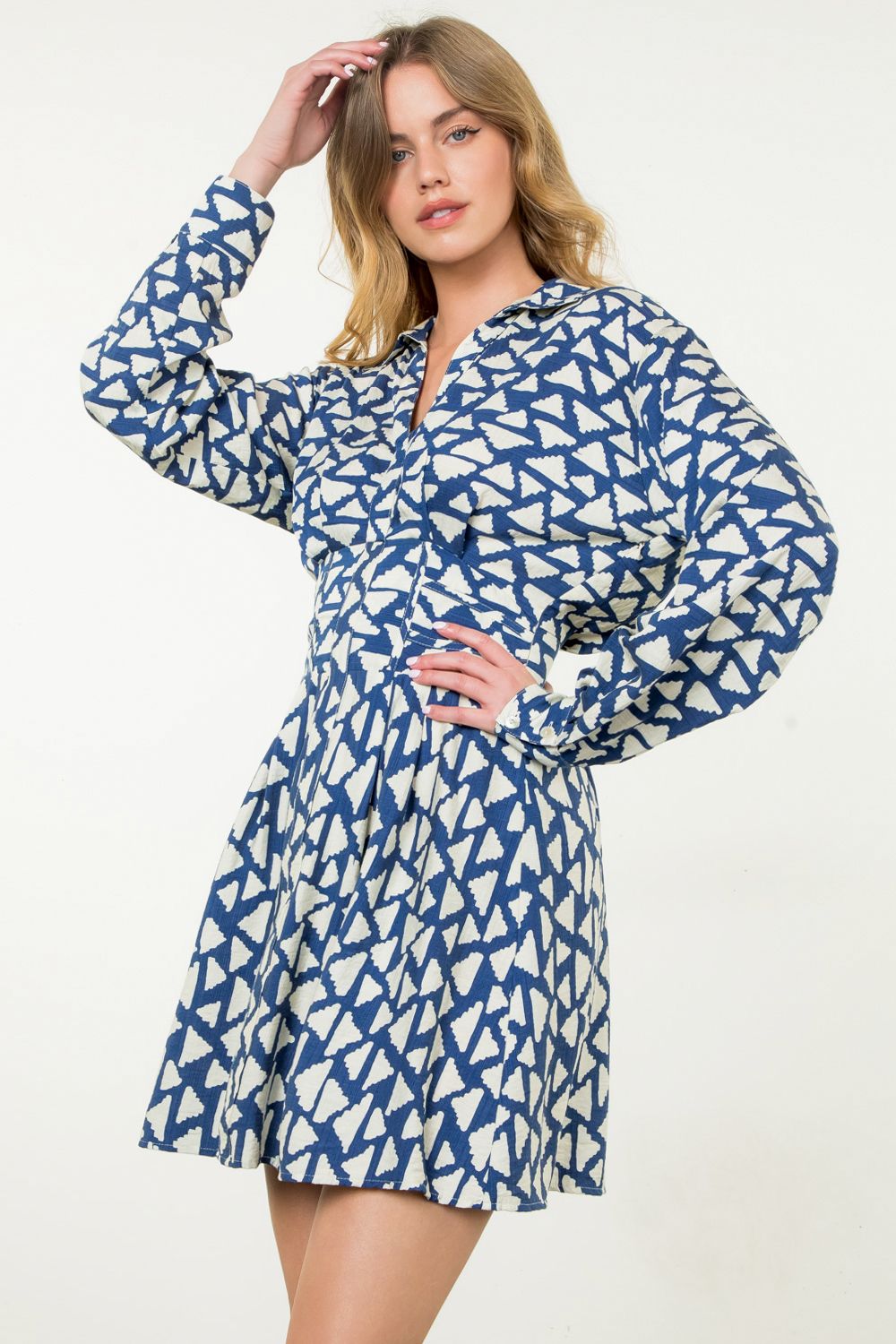 Long Sleeve Print Dress - Navy