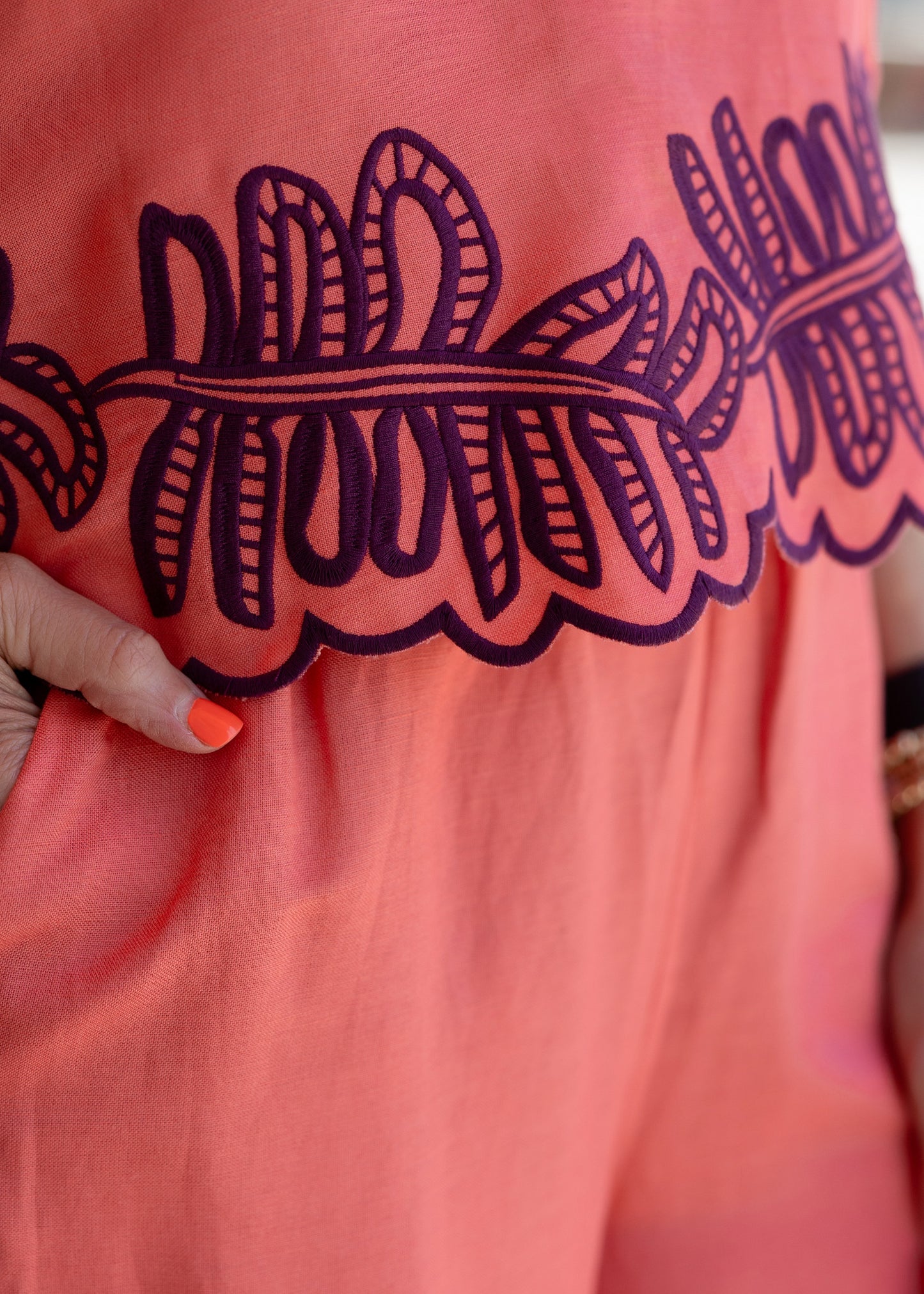 Lani Top - Coral Royal Palms Embroidery