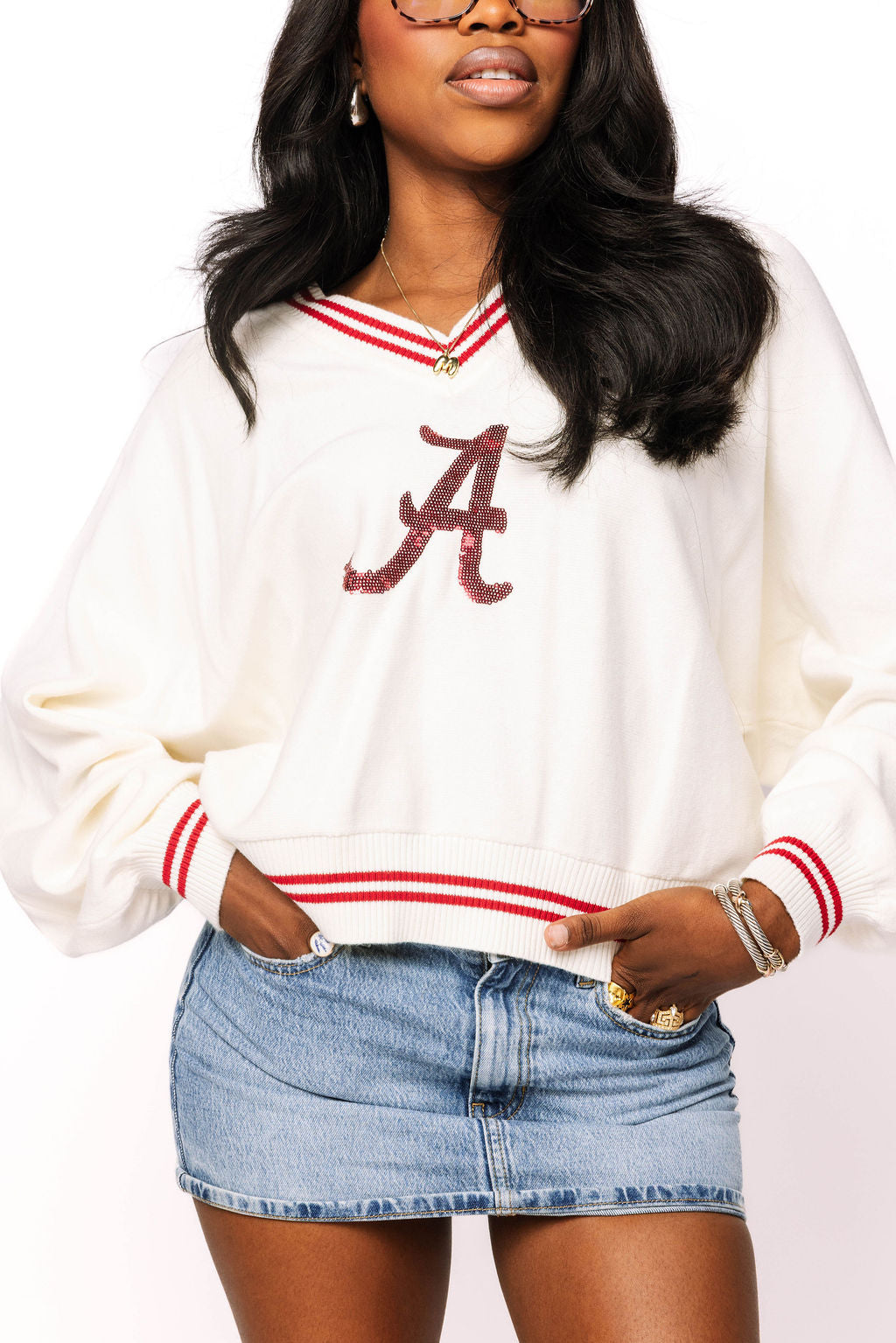 Queen of Sparkles Licensed Alabama V Neck Striped Cuff Long Sleeve Sweater With Small Mascot