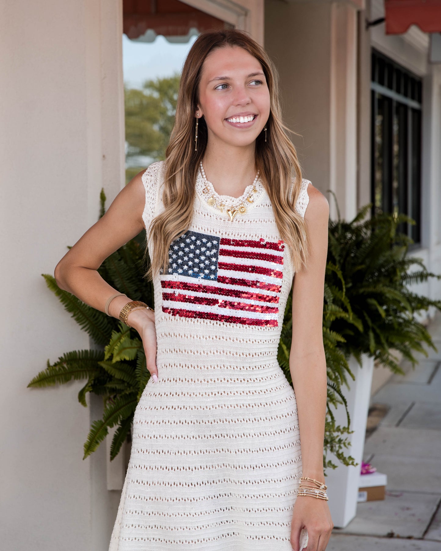 Queen of Sparkles White Lace Knit American Flag Tank Dress