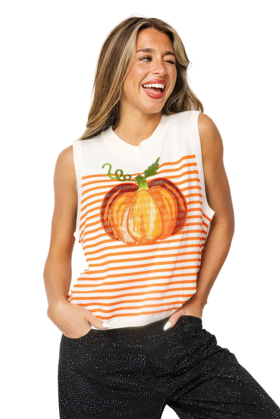 Queen of Sparkles Ivory & Orange Striped Pumpkin Knit Tank Top