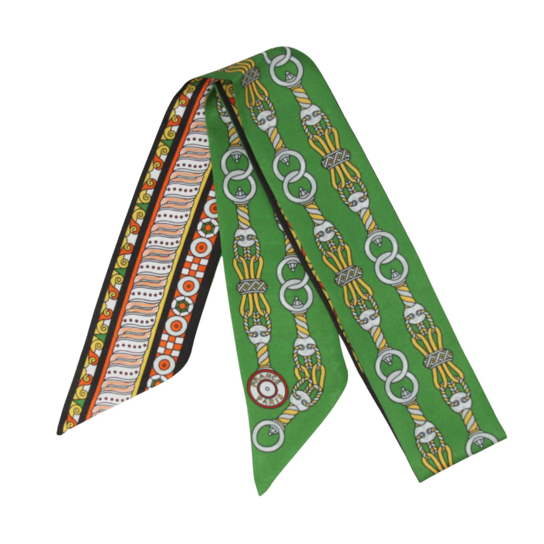 Pattern of Spiraling Equestrian Motifs & Waves Twilly Scarf - Kelly Green