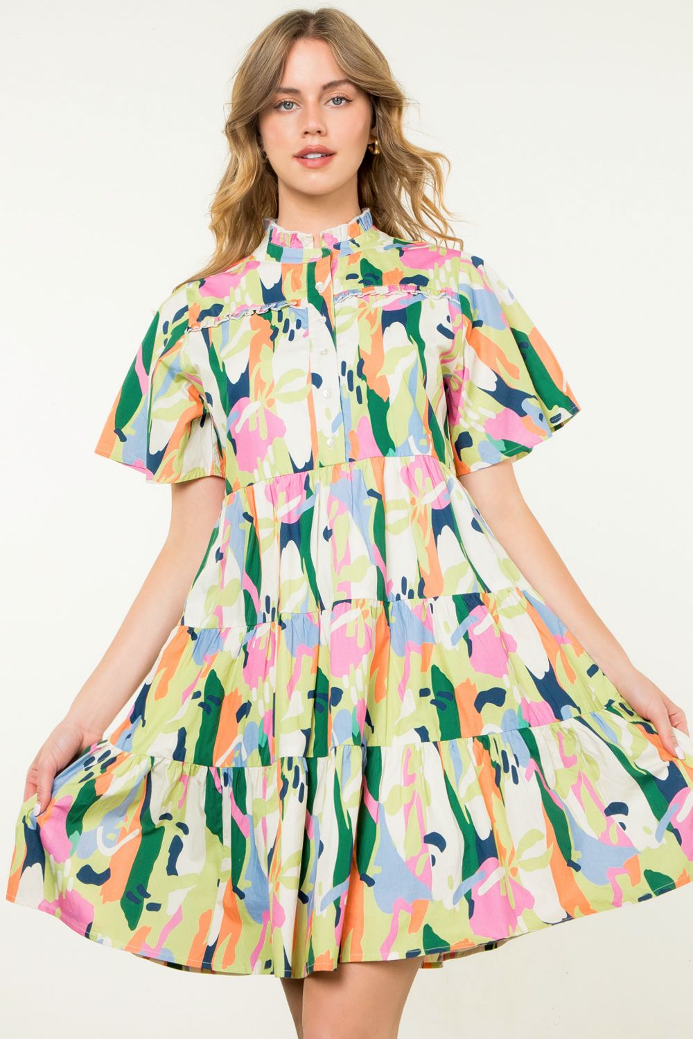 Short Sleeve Multi Color Dress - Lime