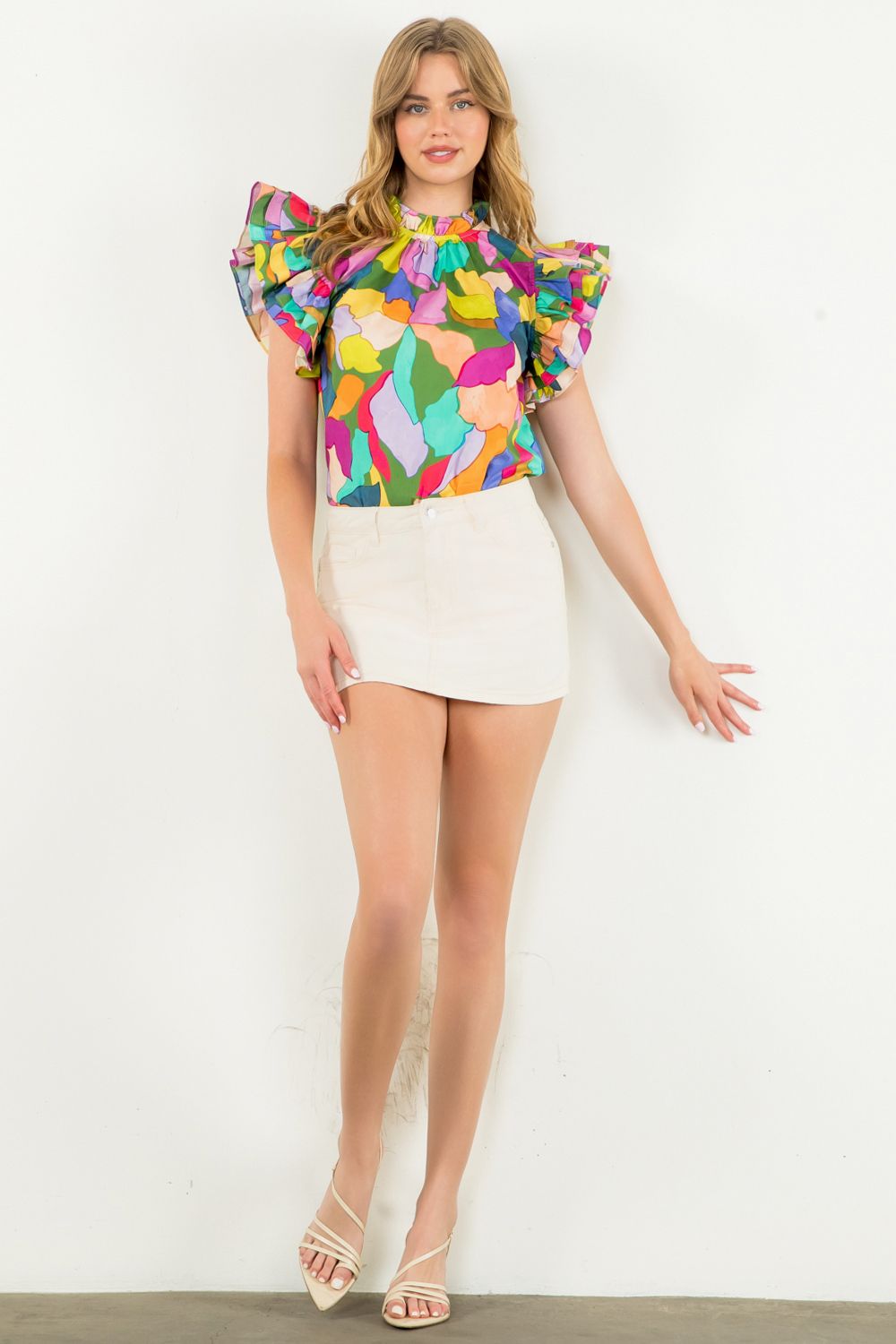 Flutter Sleeve Multi Color Top - Green