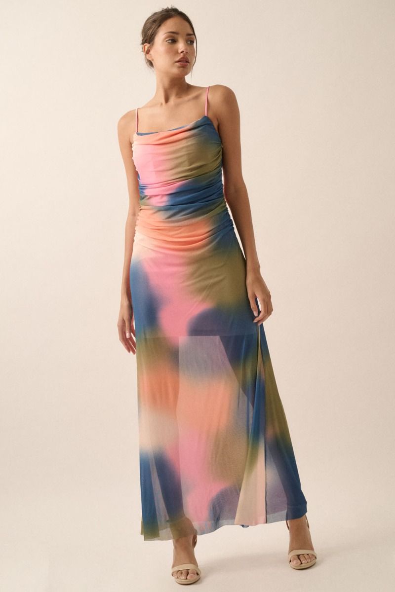 Tie-Dye Print Mesh Maxi Dress - Pink/Blue/Green