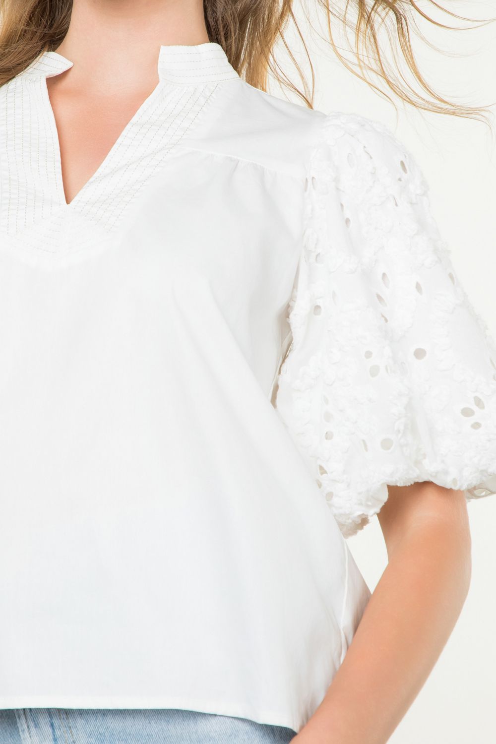 Puff Eyelet Sleeve Top - White