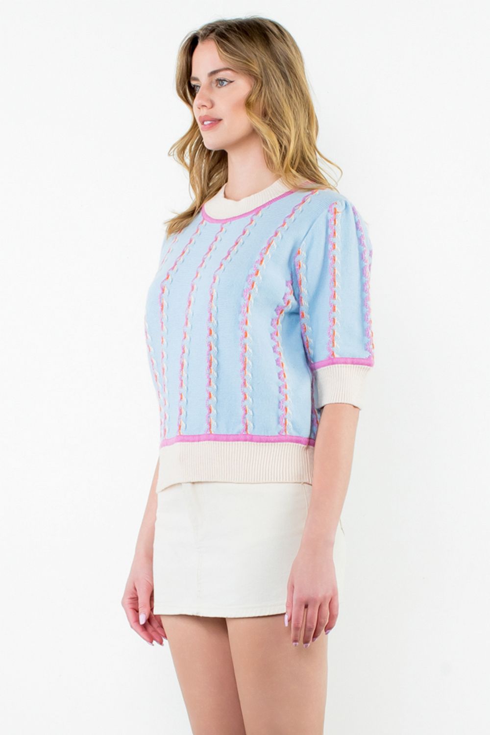 Short Sleeve Knit Top - Light Blue