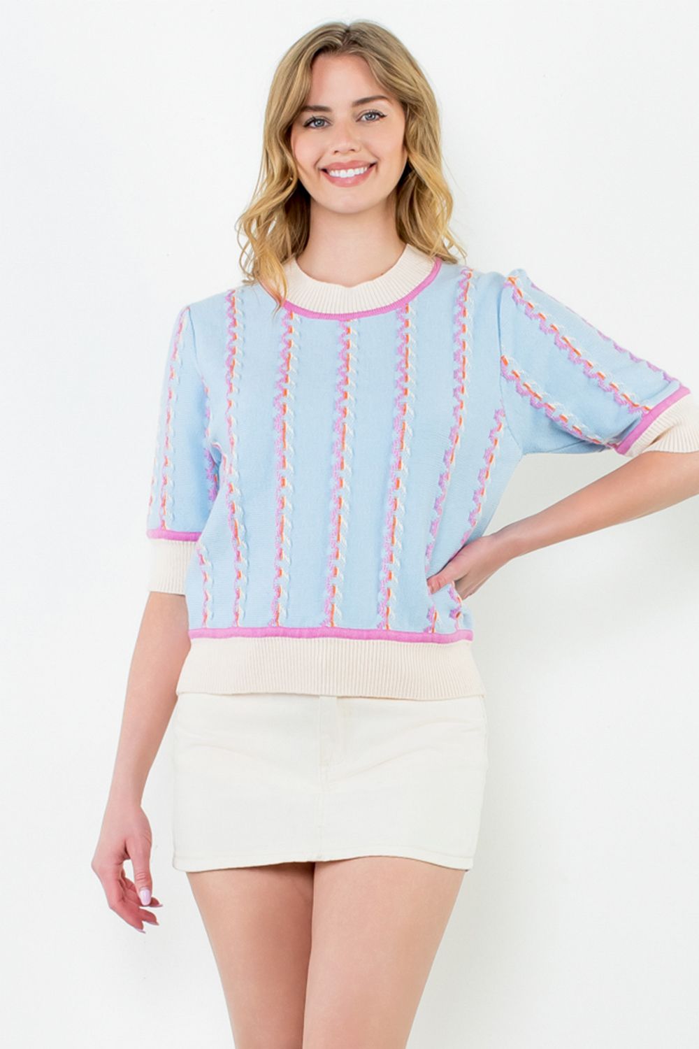 Short Sleeve Knit Top - Light Blue