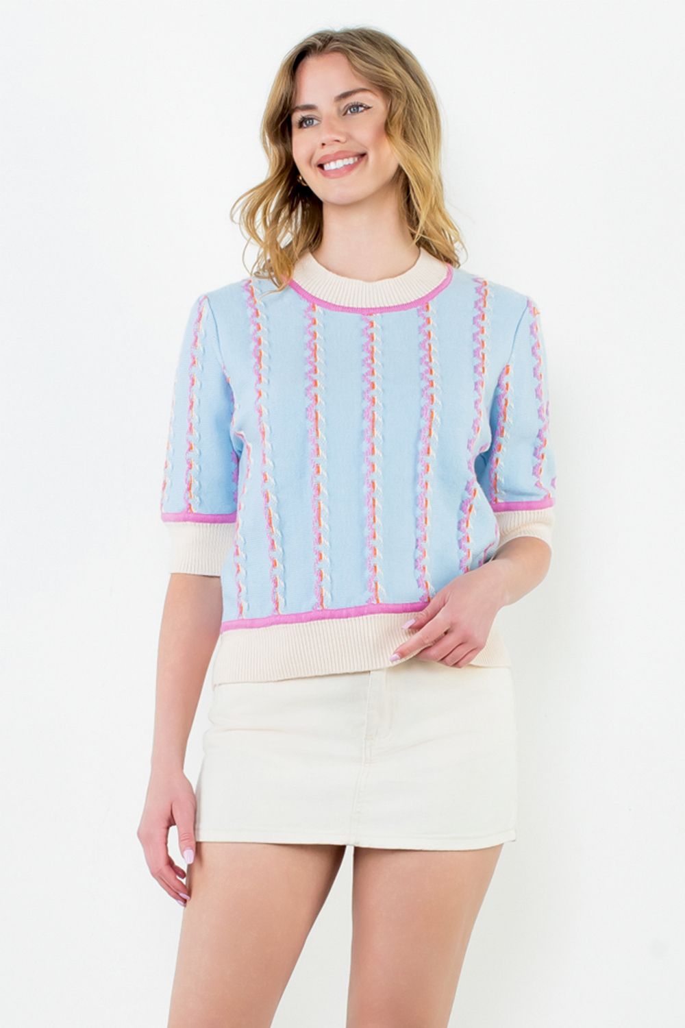 Short Sleeve Knit Top - Light Blue