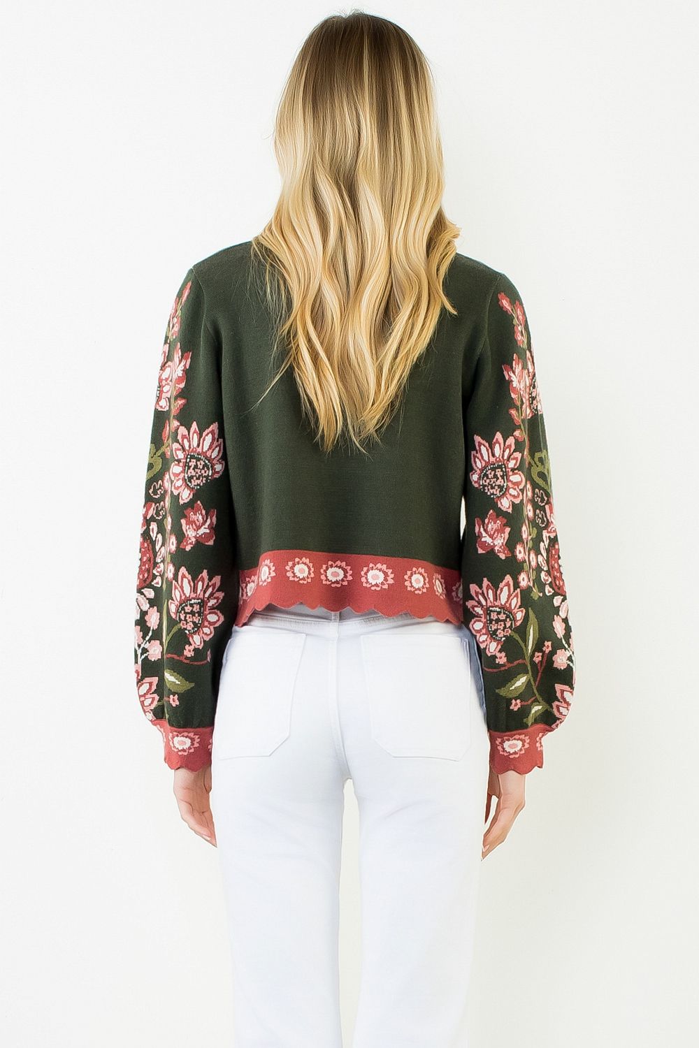 High Neck Long Sleeve Floral Sweater - Olive