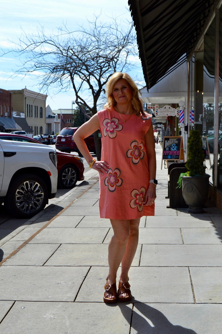 Sleeveless Flower Embroidered Dress - Coral