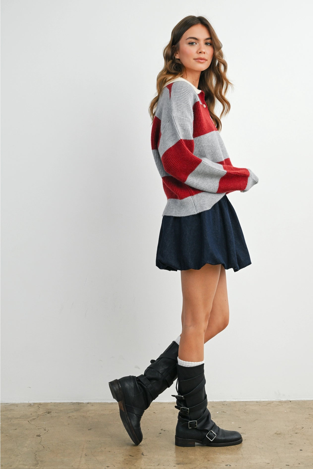 Buttoned Striped Collared Long Sleeve Top - Grey/Burgundy