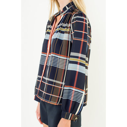 Plaid Long Sleeve Button Top - Navy