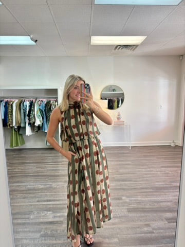 Printed Sleeveless High Neck Midi Dress - Olive