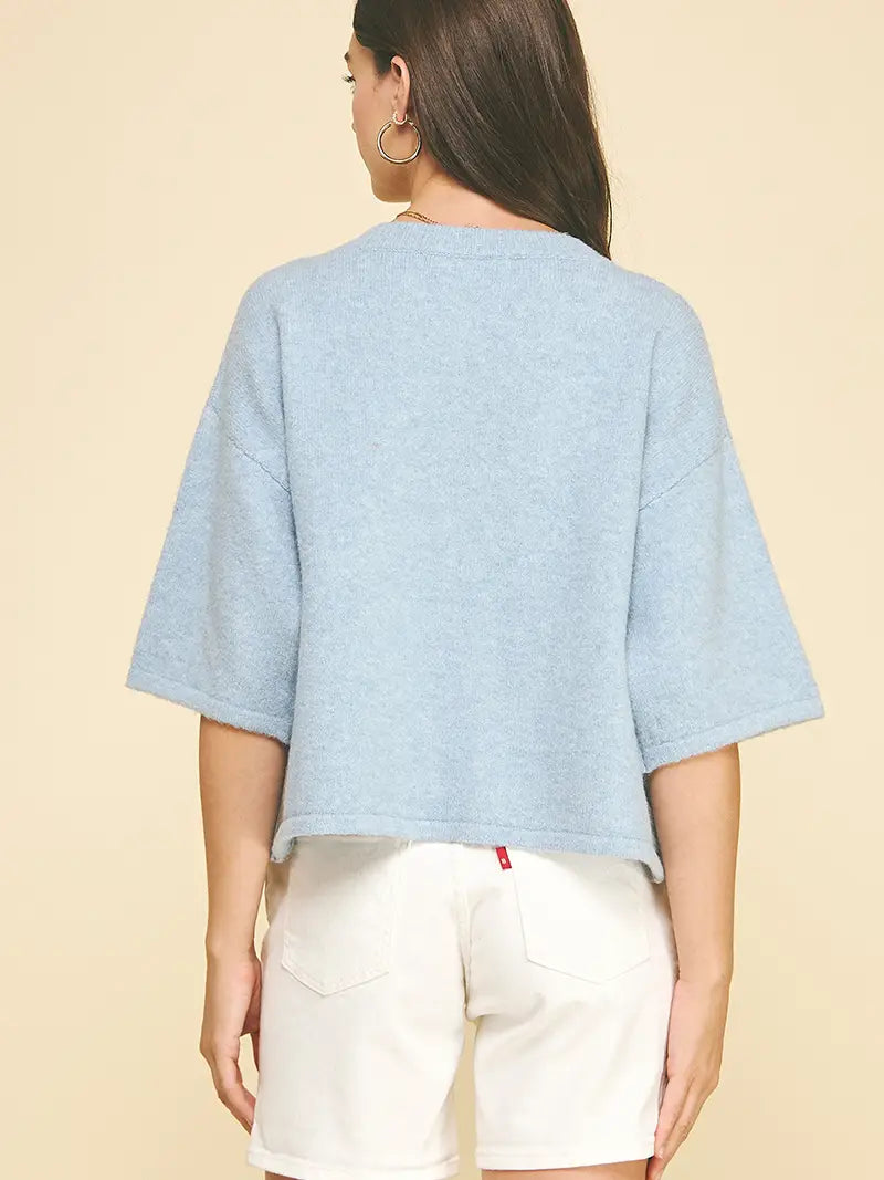 Button Down Short Sleeve Sweater - Baby Blue