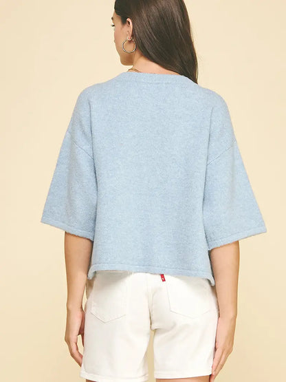 Button Down Short Sleeve Sweater - Baby Blue