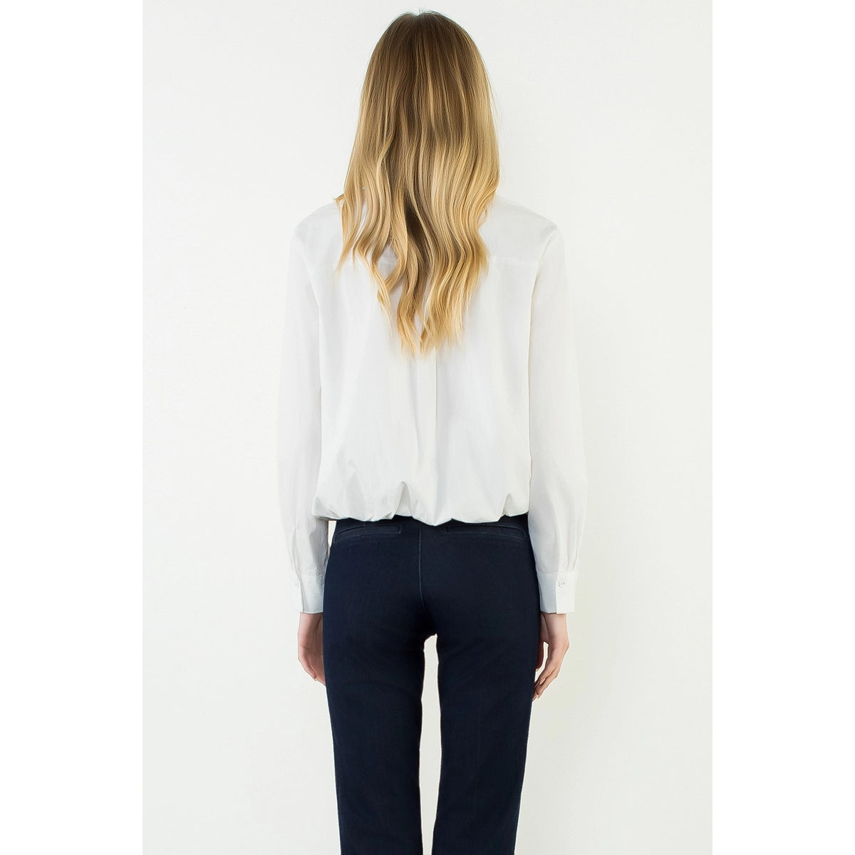 Long Sleeve Cinched Button Down Top - White