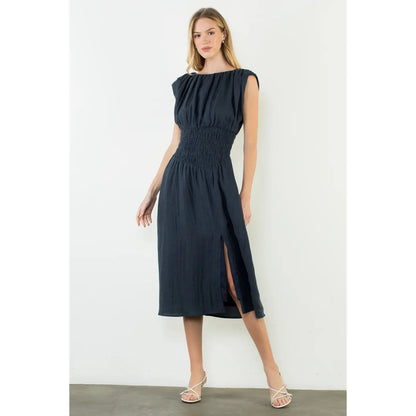Sleeveless Denim Dress with Side Slit - Denim Blue