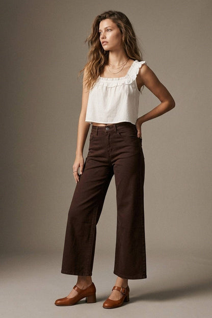 Wide Leg Cropped Jeans - Chocolate Brown