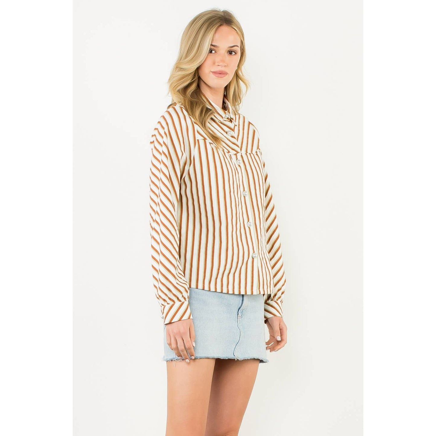 Pearl Button Long Sleeve Stripe Top - Brown