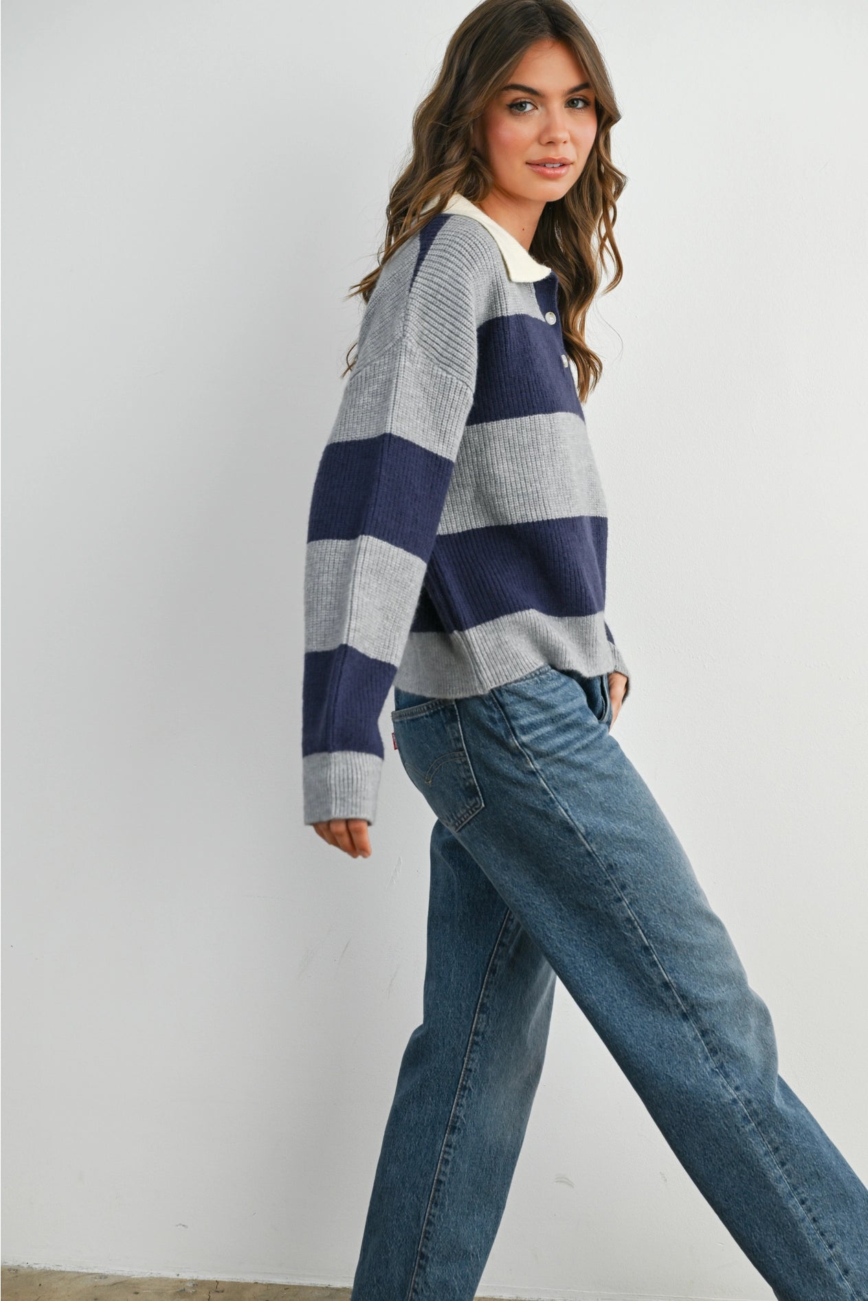 Buttoned Striped Collared Long Sleeve Top - Grey/Navy