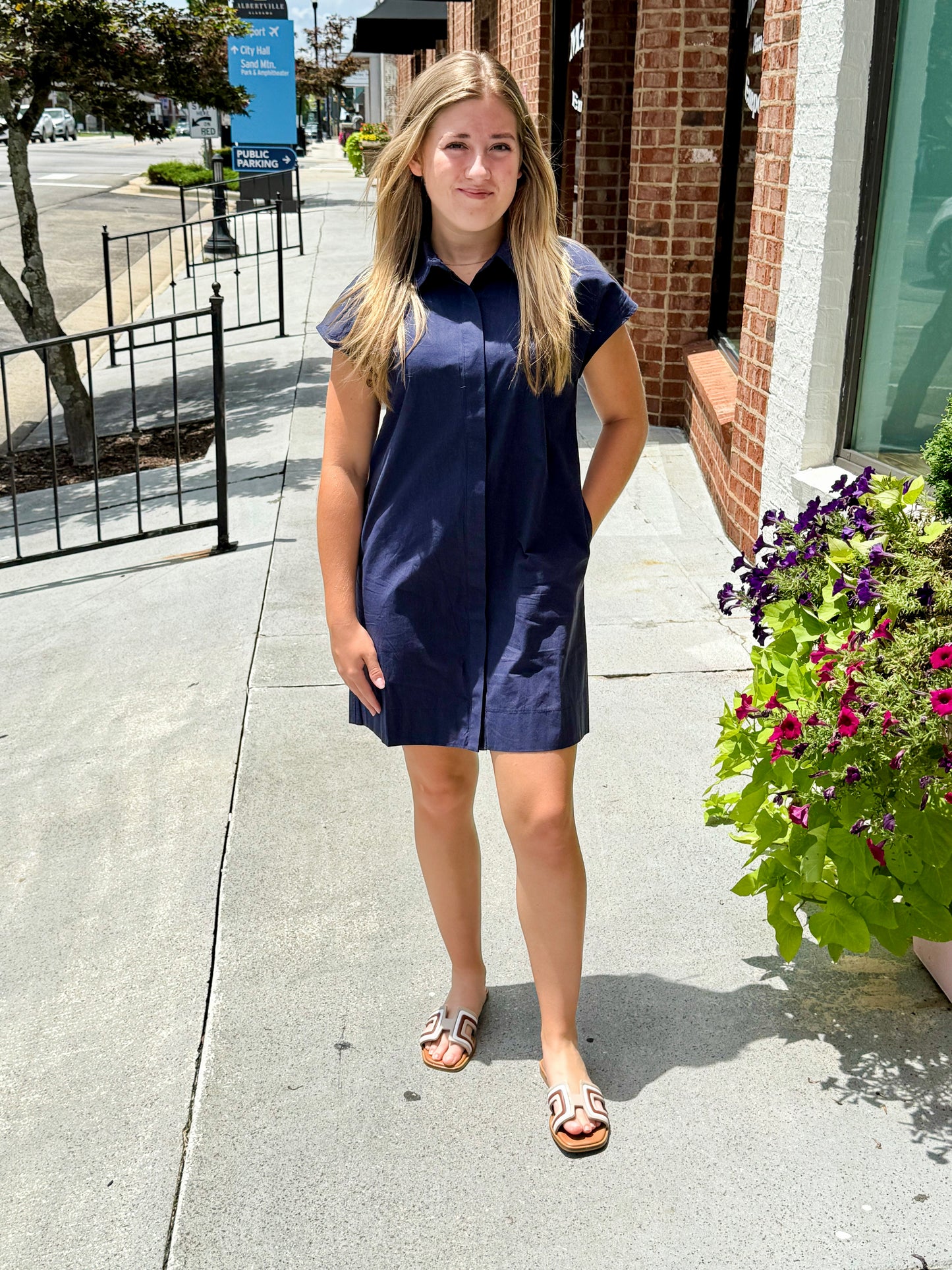 Button Down Collared Short Dress - Navy