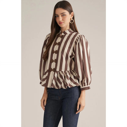 Stripe 3/4 Balloon Sleeve Top - Brown/Ecru