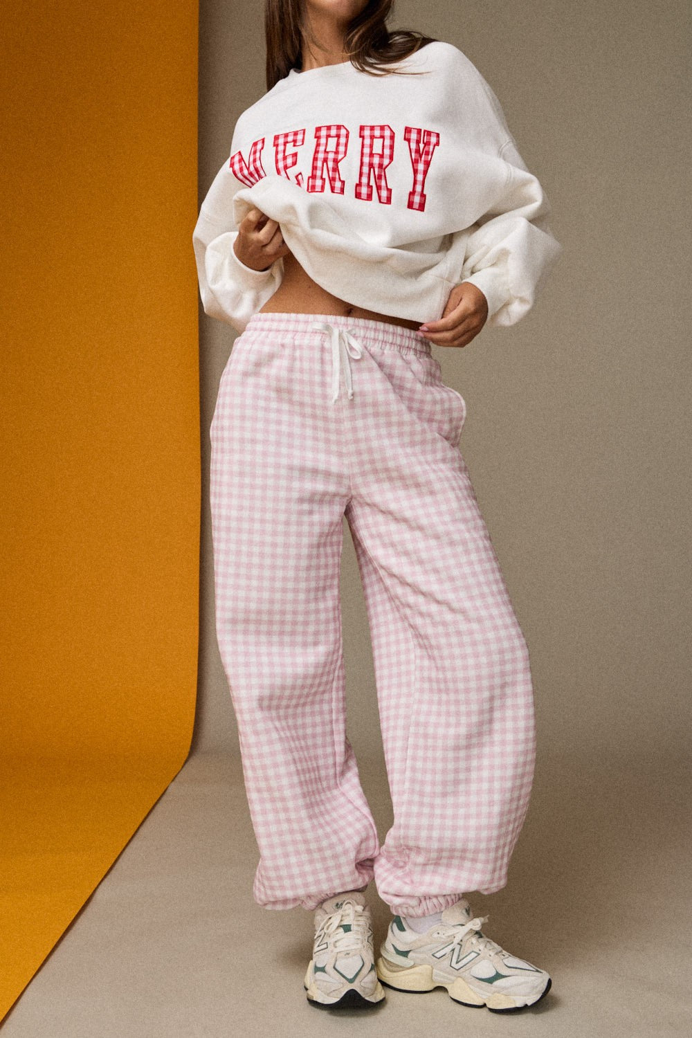 Gingham Drawstring Joggers - Pink/White