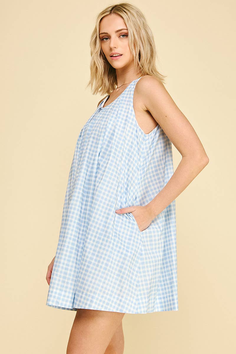 Gingham A-Line Mini Dress - Baby Blue
