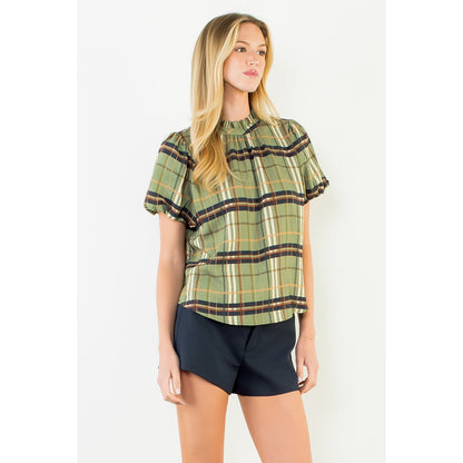 Ruffled Neck Plaid Top - Olive