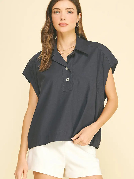 Solid Cap Sleeve Blouse Top - Navy