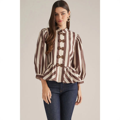 Stripe 3/4 Balloon Sleeve Top - Brown/Ecru