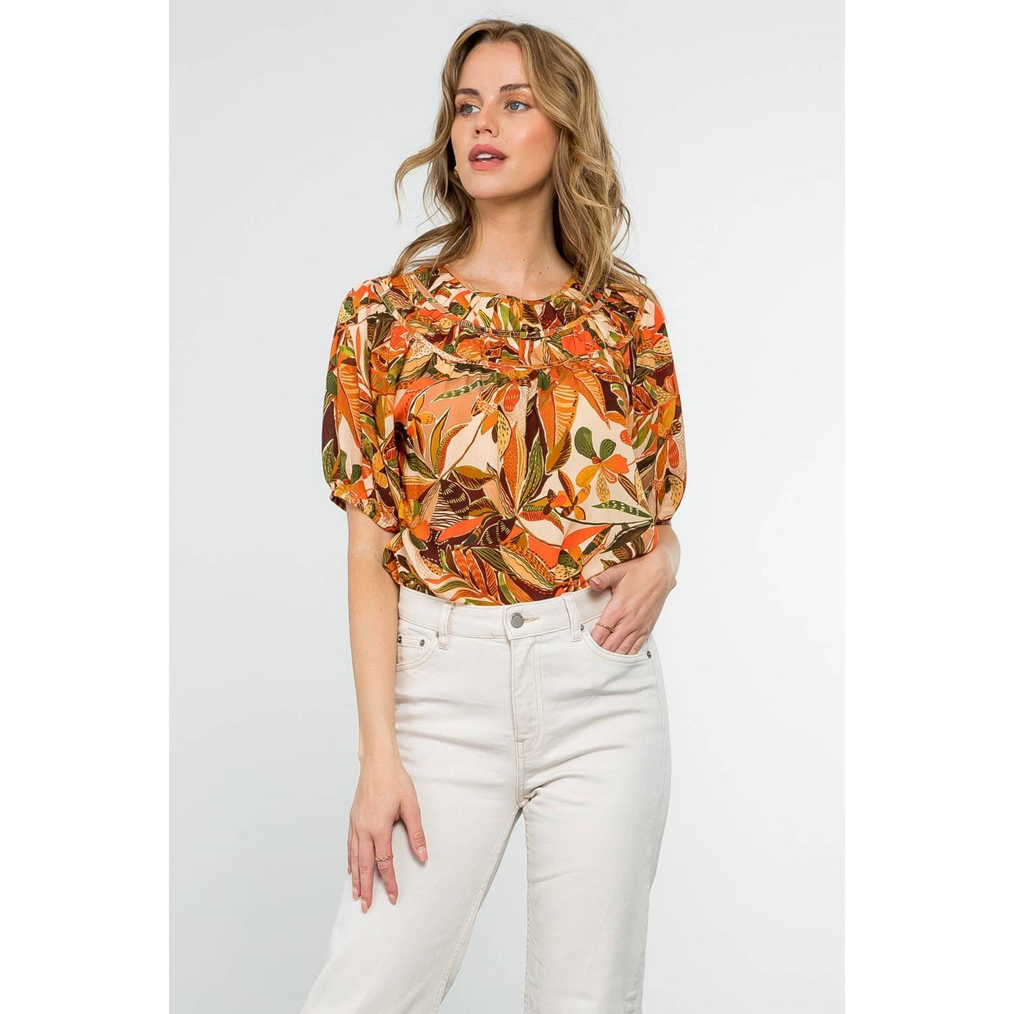 Puff Sleeve Floral Top - Beige