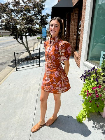 Floral Print Short Puff Sleeve Dress - Rust